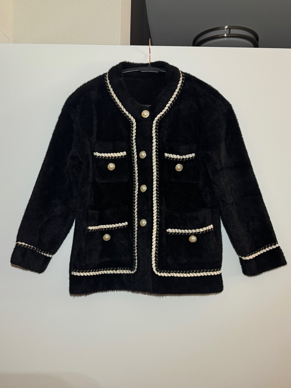J.ING Yasmina Black Drop Shoulder Chunky Knit Cardigan Pearl Buttons One Size